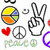 Animated icon featuring peace symbols, a hand gesture, and text elements in various styles across multiple