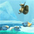 Animated sequence of a rooster riding a horse across a beach with mountains, holding a bucket that changes position.