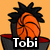 Pixelated cartoon character with spiky black hair and orange basketball-like head, wearing dark bowl with red interior, text changes from "Tobi is a" to "... GOOD BOY!" across frames.