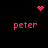 Pixelated red text 'peter' appears in four quadrants on a black background, with a red heart and red dot cluster animation above and center.