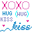 A 4-frame animated contact sheet of pixel art icons featuring XOXO, HUG, KISS text in various colors and styles with heart symbols.