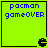 Static pixel art icon with bright green background, black border, blue pixelated text reading "pacman gameOVER" and a small black Pac-Man ghost in the bottom right corner.