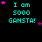 Pixelated cyan text "I am 5000 GANGSTA!" on black background with pink and purple stars, animated star positions across frames.