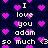 Pixelated dark blue background with scattered pink hearts and repeated white text reading "I love you adam so much <3" in a pattern