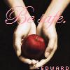 Two hands cupped together holding a red apple against a dark background with faint white swirls and partial text at the bottom.