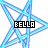 Four star-shaped pixel art icons with overlapping lines in cyan, pink/purple, green, and gray backgrounds each displaying the text BELLA.