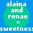 A blue background with four green circles containing white text reading "alaina and renae = sweetness" in a