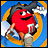 A pixelated red M&M character with a smiling expression, wearing dark sunglasses and holding an orange candy piece against a blue background.