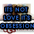Pixelated blue text on black blocks reads "ITS NOT LOVE IT'S OBSESSION" with red UGG logos below, set against a blurred background of bookshelves.
