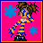 Pixelated character with brown hair and blue-yellow striped shirt, pink background with blue/orange snowflakes, text "i Luv U" in white or black.