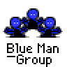 A contact sheet of 10 animated frames showing the Blue Man Group logo in various states including solid, pixelated, and text-only forms on a gray background.