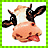 Pixelated cartoon cow with brown and black patches, pinkish body, large ears, and a white udder on left side; right side shows text "MoOoOo!" in dark gray letters.