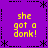 Purple background with yellow text reading 'she got a donk!' in four quadrants, bordered by black pixelated star and line patterns.