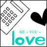 Pixelated graphic shows a calculator keypad, black heart shape, and teal text reading 'ME + YOU = love' on white background.
