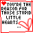 A 5x5 contact sheet of animated frames showing a pixelated text-based animation with red heart symbols and changing phrases about 'stupid little hearts' and 'crossing them out'.