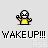Pixelated character in yellow shirt waves with one hand, then raises both hands while text below reads 'WAKEUP!!!'