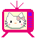 Pixelated pink television with antenna displays a white cat face on yellow screen; left eye black square, right eye closed in second frame.