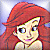 Pixelated static image of a cartoon character with long red hair, light skin, and blue eyes wearing a yellow top against a gradient background.