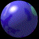 Nine spherical objects with shifting purple and cyan color patterns arranged in a on black background