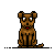 Brown pixelated dog with white eyes, black nose, red mouth, and tail on gray background.