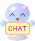 Pixelated blue spherical character with pink cheek marks holds yellow sign reading CHAT, alternating between closed eyes and open mouth expressions across frames.