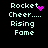 Pixelated text 'Rocket Cheer... Rising Fame' with a pink heart symbol on the top-left and a pink starburst symbol on the top-right, all on a black background.