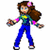 Pixelated character with long brown hair, blue eyes, and a pink flower in hair, wearing a green top with yellow detail and blue pants, standing with arms extended.