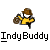 Pixelated character in yellow shirt and brown hat holding a coiled rope, with 'IndyBuddy' text below on gray background.
