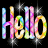 Animated contact sheet showing three sequential frames of a colorful "Hello" text icon with rainbow gradient and sparkles on black background.