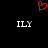 Red pixelated heart symbol above two white 'ILY' text blocks on black background.