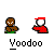 Pixel art animation of two figures: a brown figure with green base and white-eyed expression, and a red-capped figure in red shirt. Both perform hand gestures with orange spark effects.