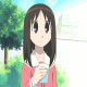 Anime-style character with brown hair and large eyes in a pink jacket holding a cup, standing before green trees and blue sky.
