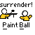 Pixel art animation of a yellow-shirted figure with white head holding a paintball gun, showing surrender, refusal, and laughter reactions with text labels.