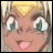 Pixelated anime-style character with blonde hair and large blue eyes, mouth open in a smile, next to black background with white text.