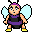 Pixelated bee-like character with purple headband, black and purple outfit, yellow shoes, light blue wings, and antennae in six static poses.