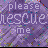 Pixelated purple background with repeated text 'please rescue me' and scattered white star shapes across three