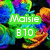Pixelated image with green text 'Maisie B10' over colorful abstract background and pink text 'Roxs your ' over orange and teal shapes