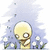 Pixelated character with large eyes and yellow skin stands in a field of white flowers under a light blue sky.