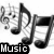 Black-and-white musical note icon with text "Music Is Life" and scattered sheet music symbols.