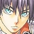 Pixelated close-up of a character with light skin, teal eyes, and dark purple hair, wearing a red garment with visible chain details.