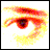 Pixelated eye icon with fiery orange and yellow gradient surrounding a dark pupil on white background.