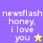 A split-screen animation shows two color variations of a text-based icon with 'newsflash honey, i love you' and a star symbol.