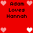 Red background with black text "Adam Loves Hannah" repeated twice, surrounded by pink and white pixelated hearts.