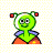 Pixelated green alien character with red antennae tips, blue shoulder pads, and orange lower body against a checkered background.