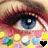 six identical close-up eye images with colorful pixelated dots and changing heart symbols
