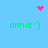 Pixelated blue background with four green 'annie:)' text icons and three pink pixel art symbols (heart, starburst, dot cluster) in a
