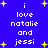 Blue background with yellow stars and white text reading 'i love natalie and jessi' in pixelated font, repeated in two
