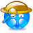A blue cartoon character with a yellow hard hat and magnifying glass in three animation frames showing subtle pose changes.