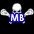 Pixelated skull with crossed lacrosse sticks holding blue banners reading MB and Lacrosse against black background.