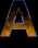 Animated sequence of a stylized letter A with gradient orange and blue coloring against black background, showing progressive pixelation from top to bottom across frames.